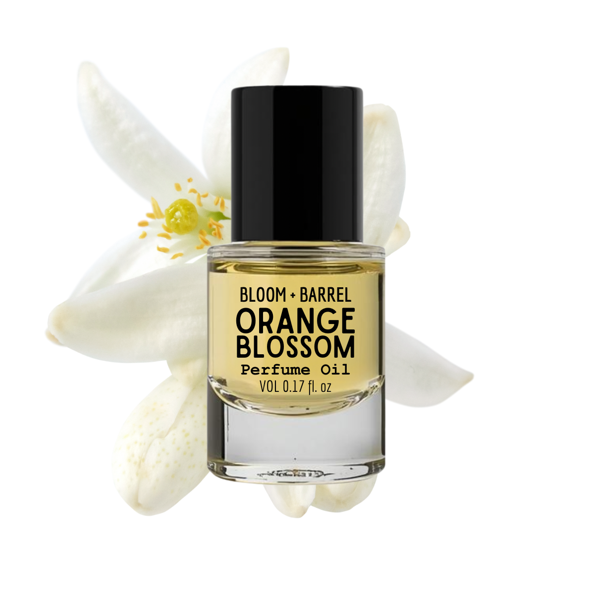 Perfume oil bottle labeled 'Orange Blossom' with white flowers on a white background