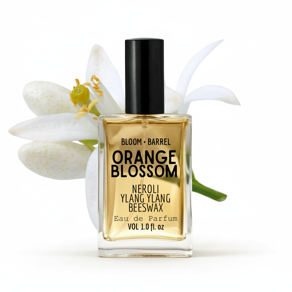 Perfume bottle labeled 'Orange Blossom' with flowers in the background