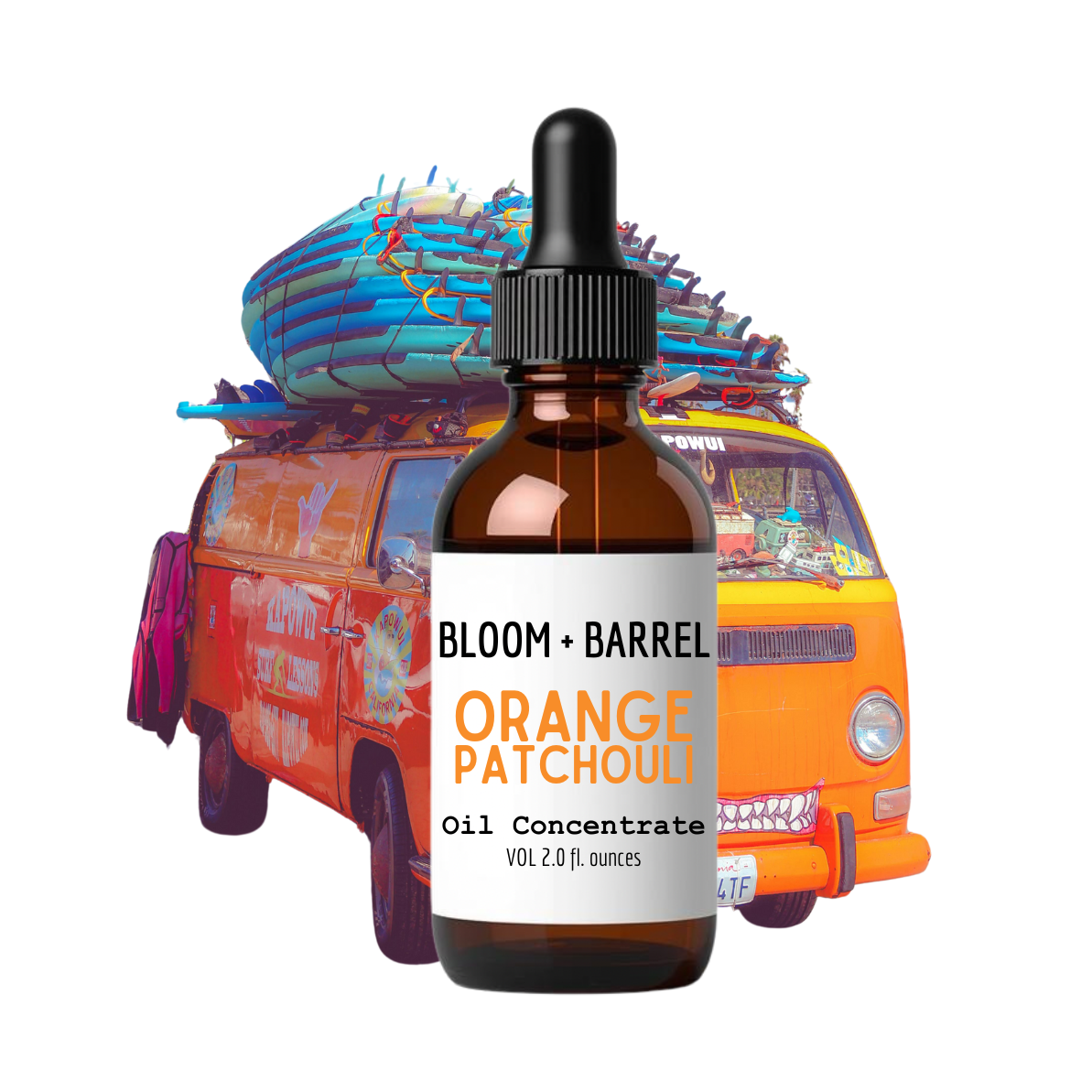 Bottle of Bloom + Barrel Orange Patchouli oil concentrate with a colorful van in the background