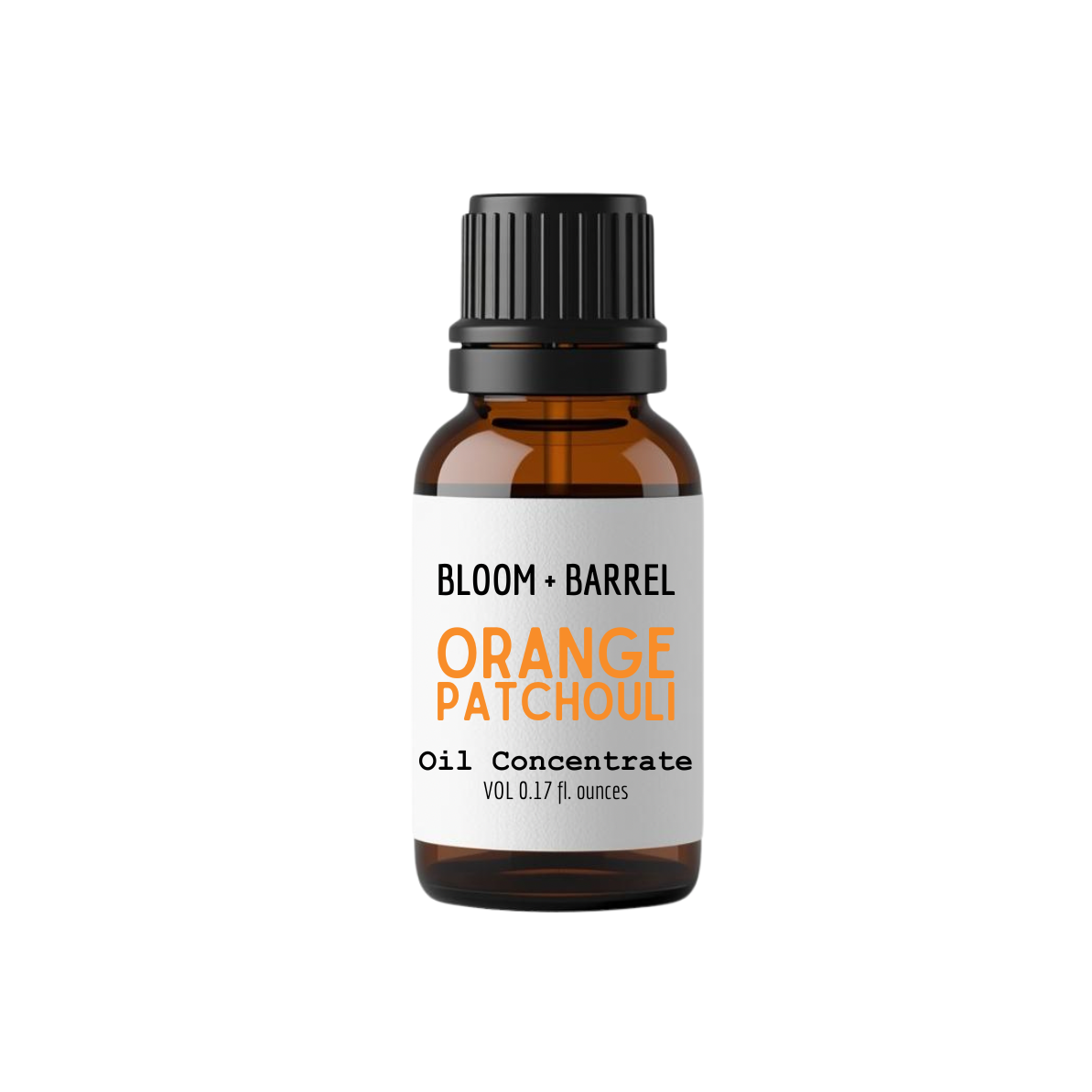 Bottle of Bloom & Barrel Orange Patchouli oil concentrate on a white background