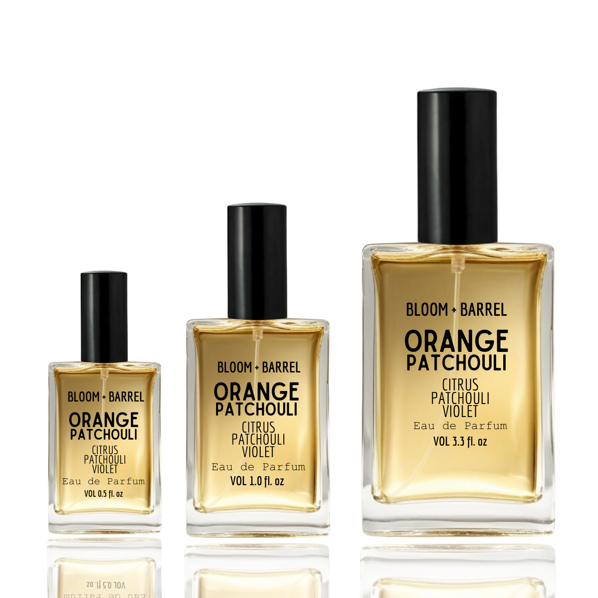 Three bottles of Bloom & Barrel Orange Patchouli perfume on a white background