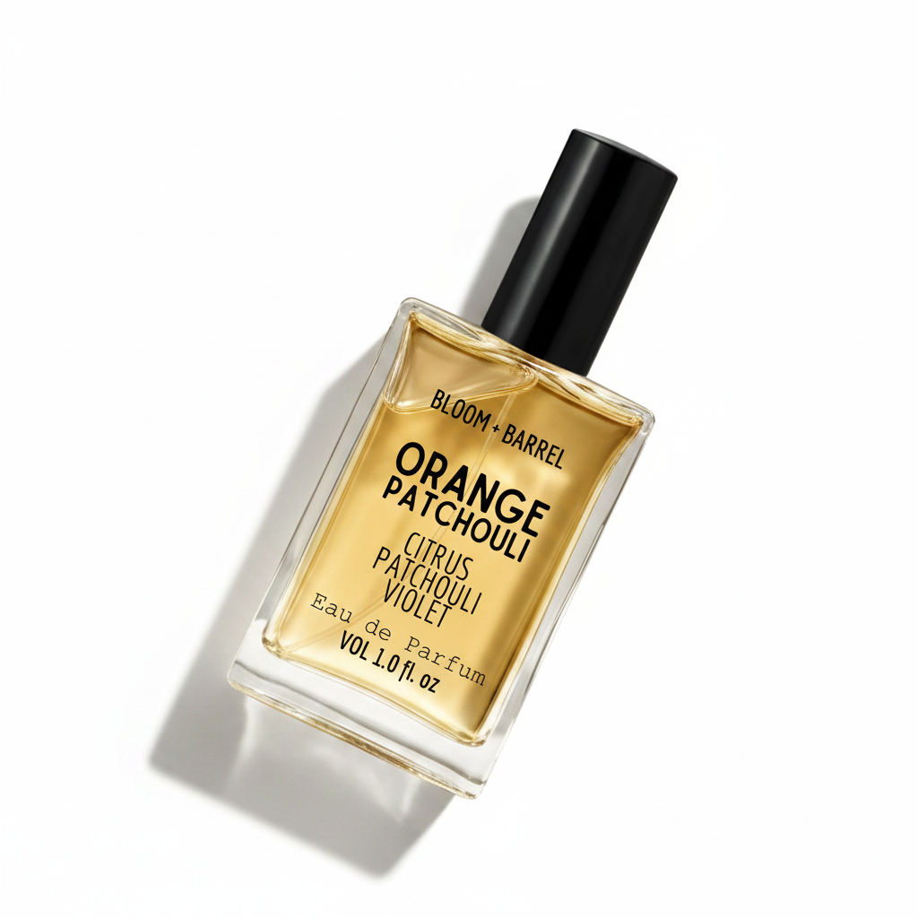 Perfume bottle labeled 'Orange Patchouli' by Bloom & Barrel on a white background