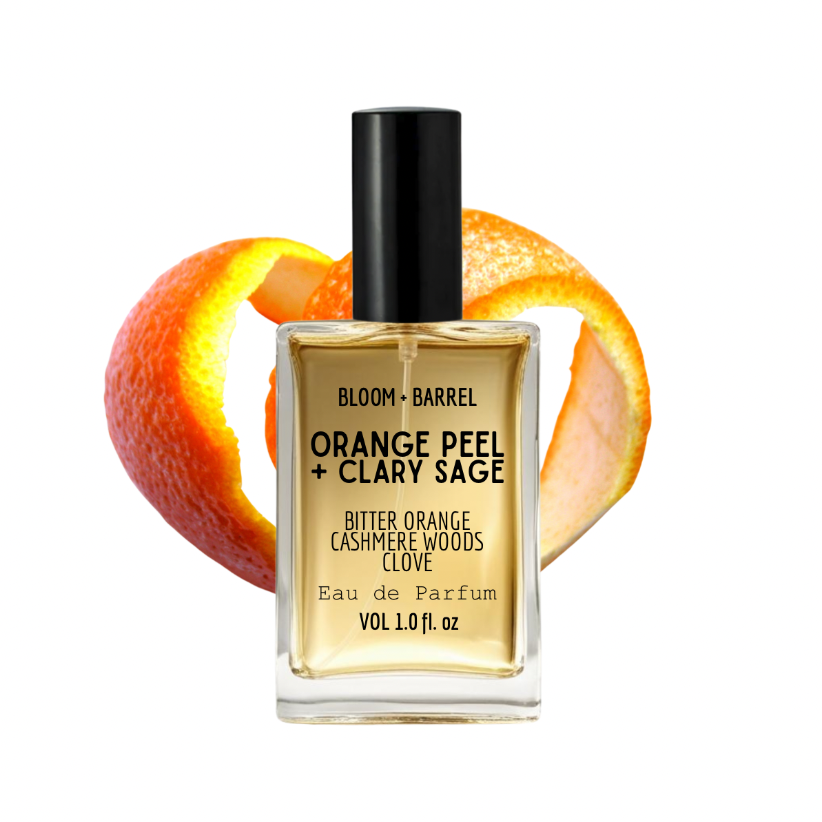 Perfume bottle labeled 'Orange Peel + Clary Sage' with an orange peel design on a white background