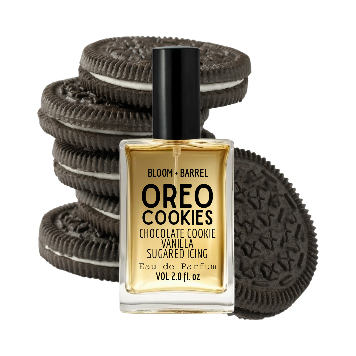 A bottle of Bloom + Barrel Oreo Cookies Eau de Parfum in a square glass bottle with a black cap, set against a background of stacked and leaning Oreo cookies. The liquid inside the bottle is a warm golden-amber color.