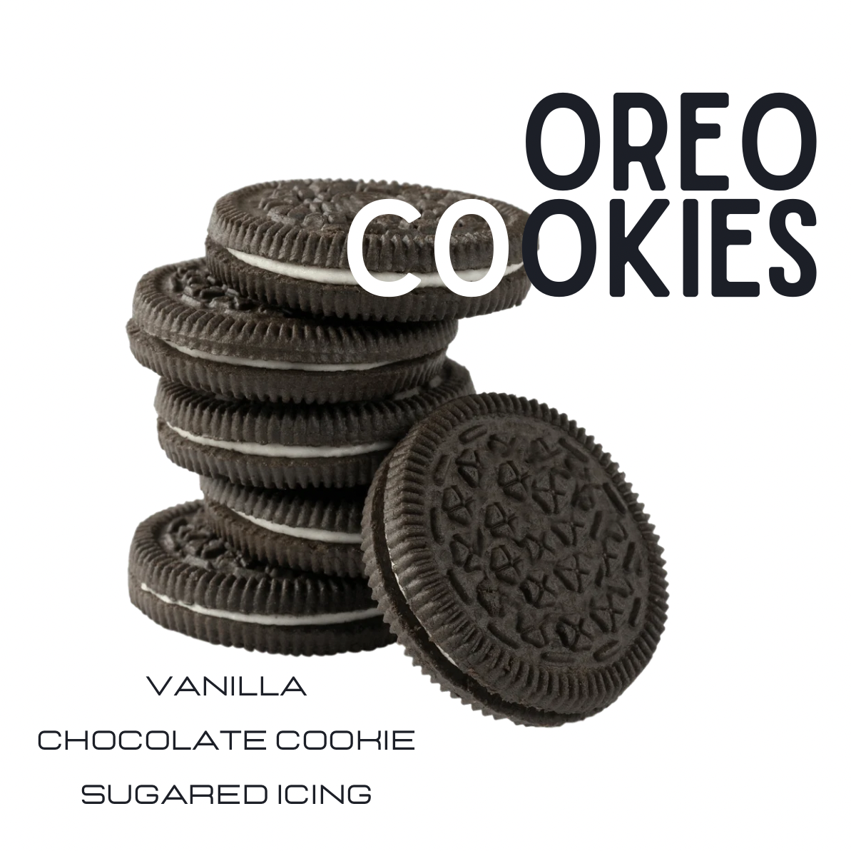 A stack of Oreo vanilla chocolate cookie sandwiches with sugared icing, shown on a white background with large text reading 'OREO COOKIES' and smaller text reading 'VANILLA CHOCOLATE COOKIE SUGARED ICING'.