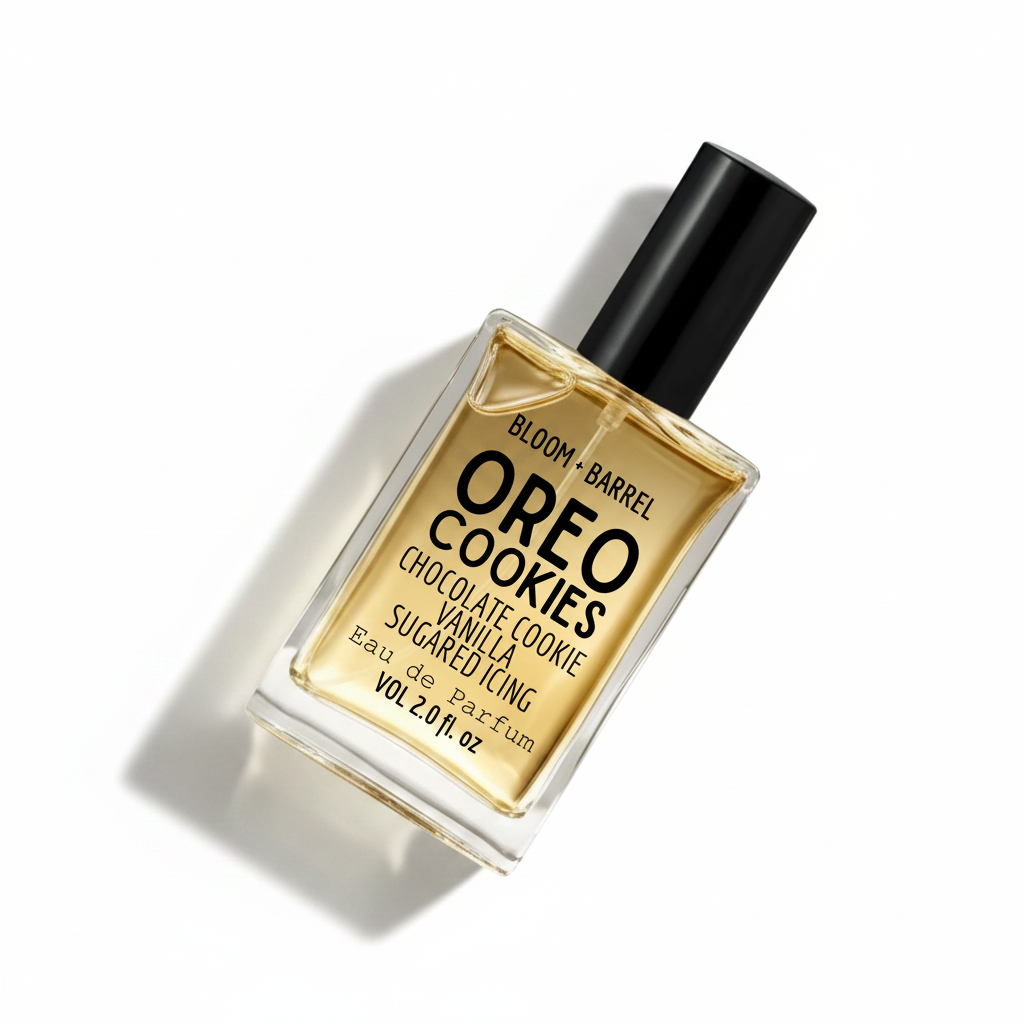 Bloom + Barrel Oreo Cookies Eau de Parfum in a clear rectangular glass bottle with a black cap, filled with golden-amber fragrance, on a white background.