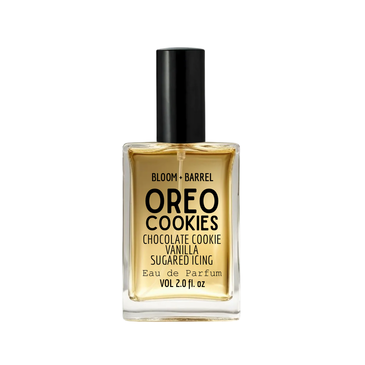 Bloom + Barrel Oreo Cookies Eau de Parfum in a clear rectangular glass bottle with a black cap, filled with golden-amber fragrance, on a white background.