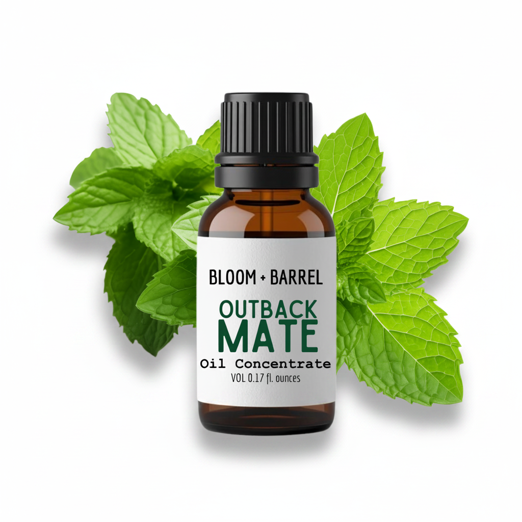 Bottle of Bloom & Barrel Outback Mate Oil Concentrate with mint leaves on a white background