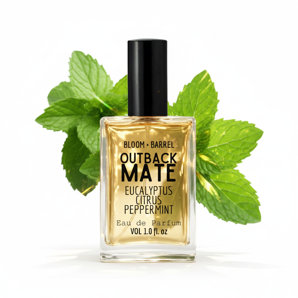 Perfume bottle labeled 'Outback Mate' with eucalyptus leaves on a white background