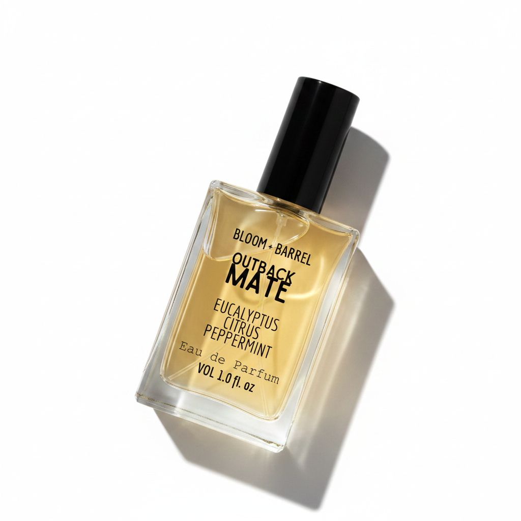 Perfume bottle labeled 'Outback Mate' by Bloom & Barrel on a white background