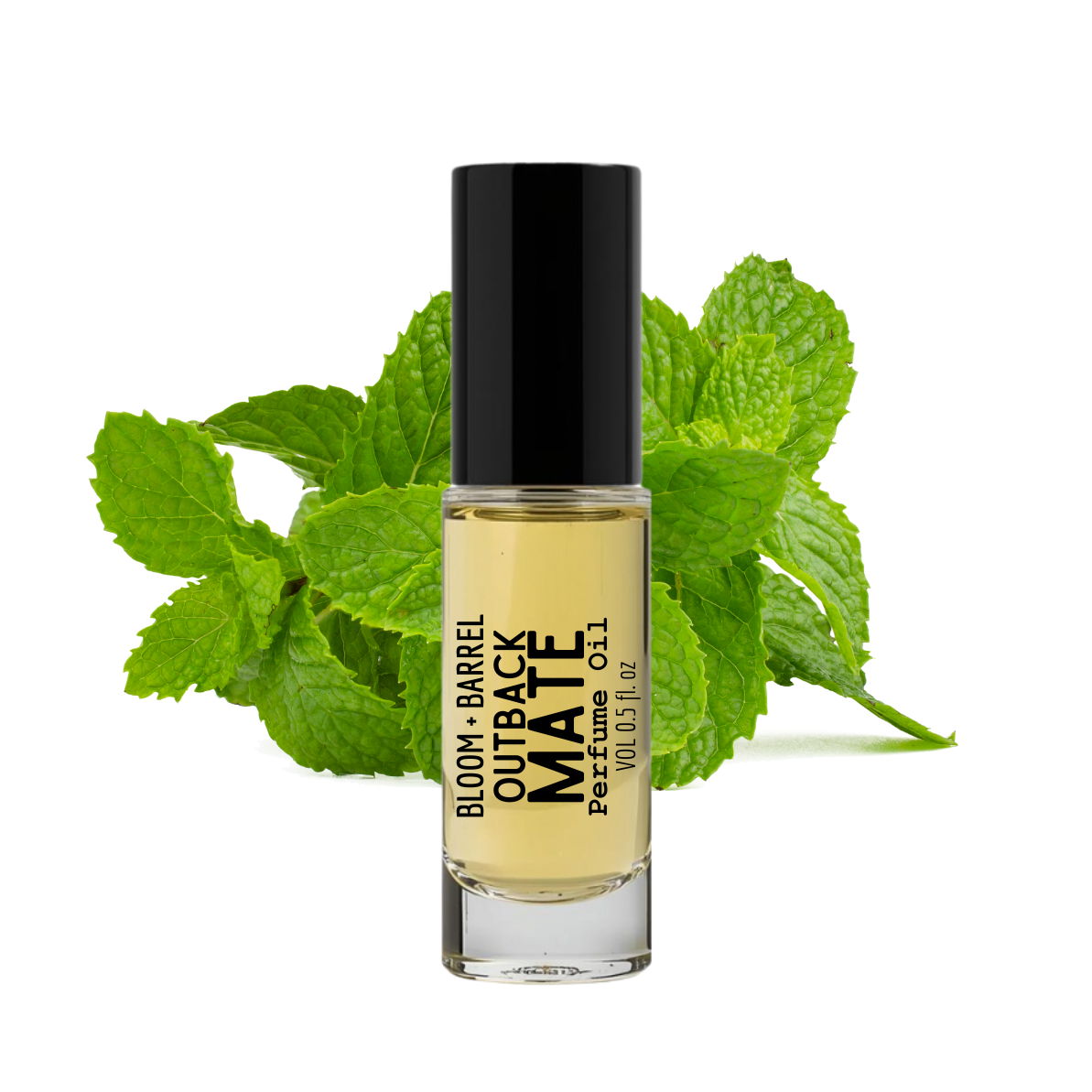 Perfume bottle labeled 'Bloom & Barrel Outback Mate' with mint leaves on a white background