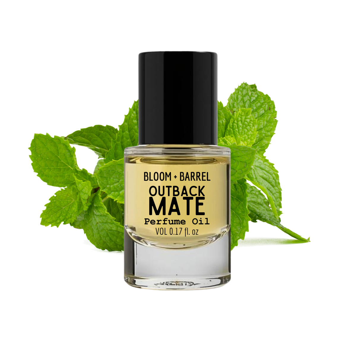Perfume oil bottle labeled 'Outback Mate' with green leaves on a white background