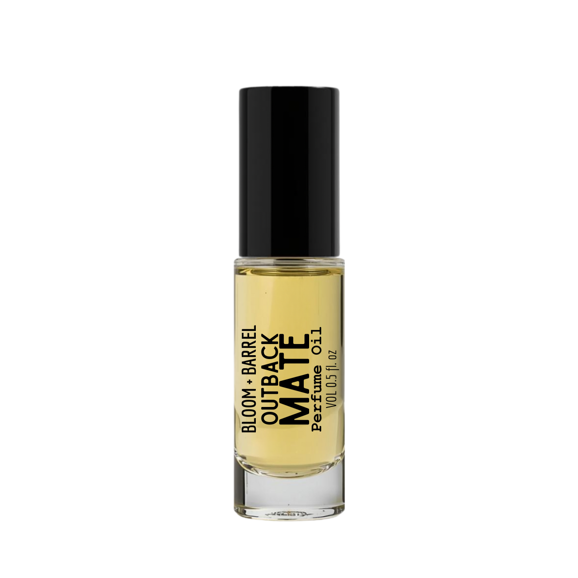 Perfume bottle labeled 'Bloom & Barrel Outback Mate' on a white background