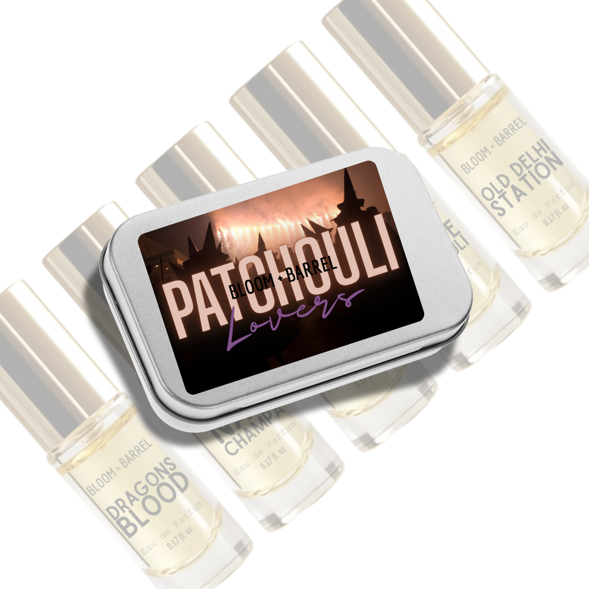 Perfume bottles with a decorative tin labeled 'Patchouli Lovers' on a white background.