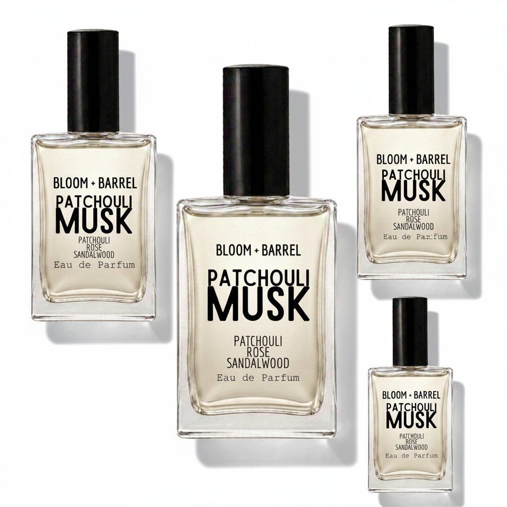 Four clear glass perfume bottles with black caps arranged on a white background. The center bottle is largest, with three smaller identical bottles around it.