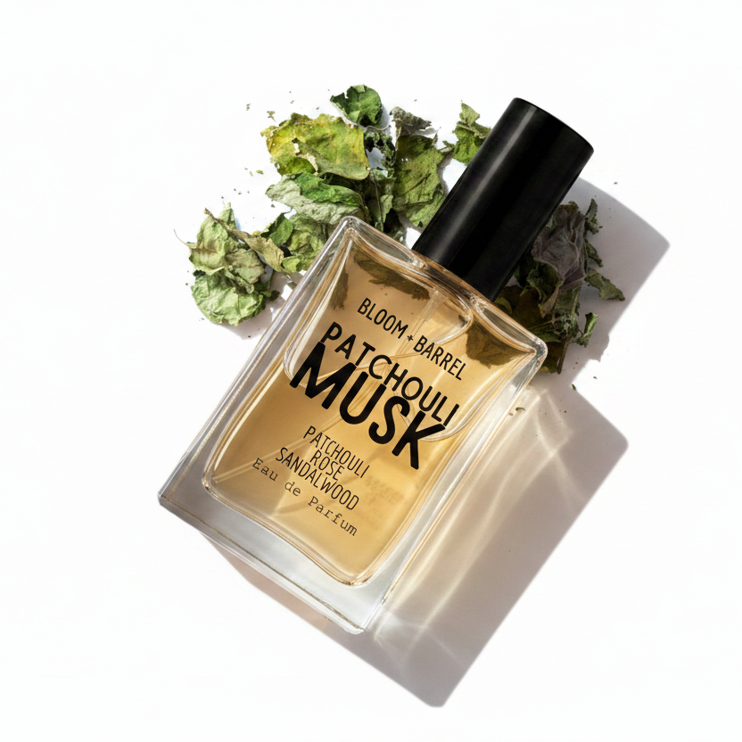 A bottle of Bloom Barrel Patchouli Musk Eau de Parfum, featuring a clear glass bottle with a black cap and a light beige liquid, styled with dried green patchouli leaves on a white background.