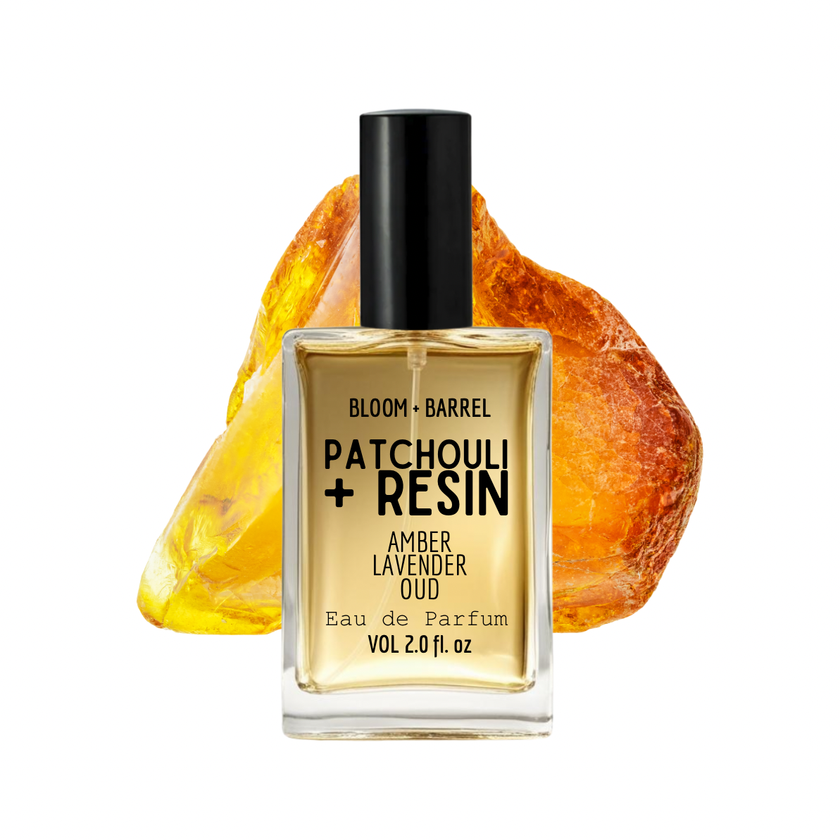 Bottle of Bloom & Barrel Patchouli + Resin Eau de Parfum with amber resin on a white background