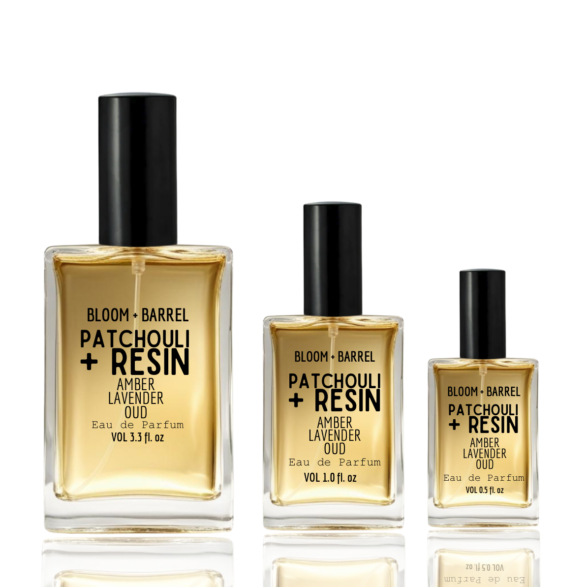 Three bottles of Bloom + Barrel Patchouli + Resin amber lavender oud perfume on a white background