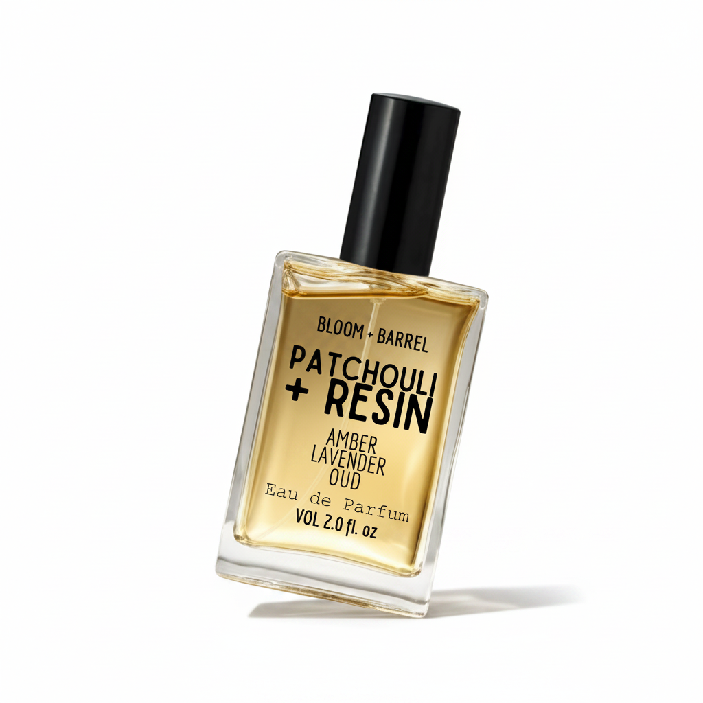 Perfume bottle labeled 'Bloom + Barrel Patchouli + Resin' on a white background