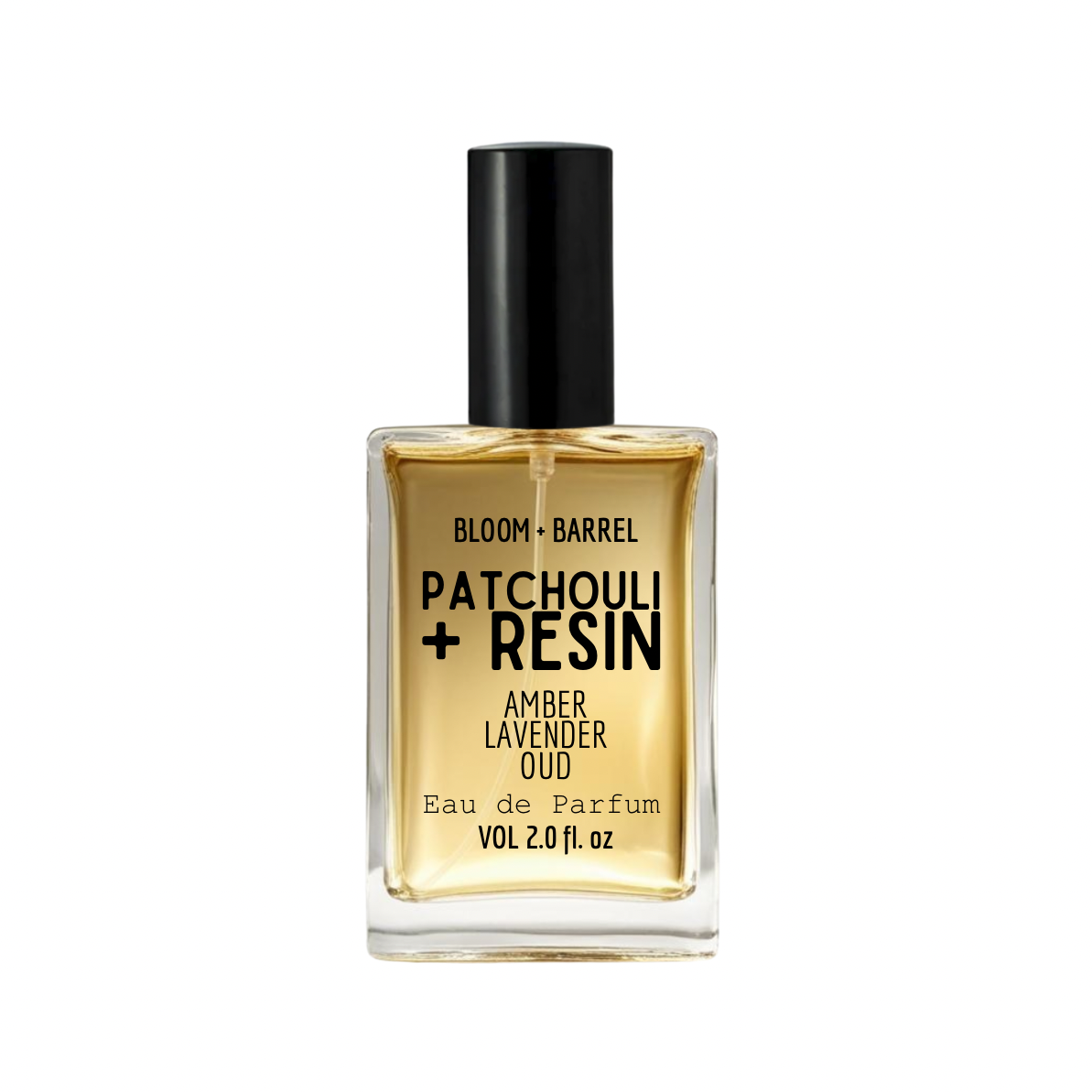 Perfume bottle labeled 'Bloom + Barrel Patchouli + Resin' on a white background