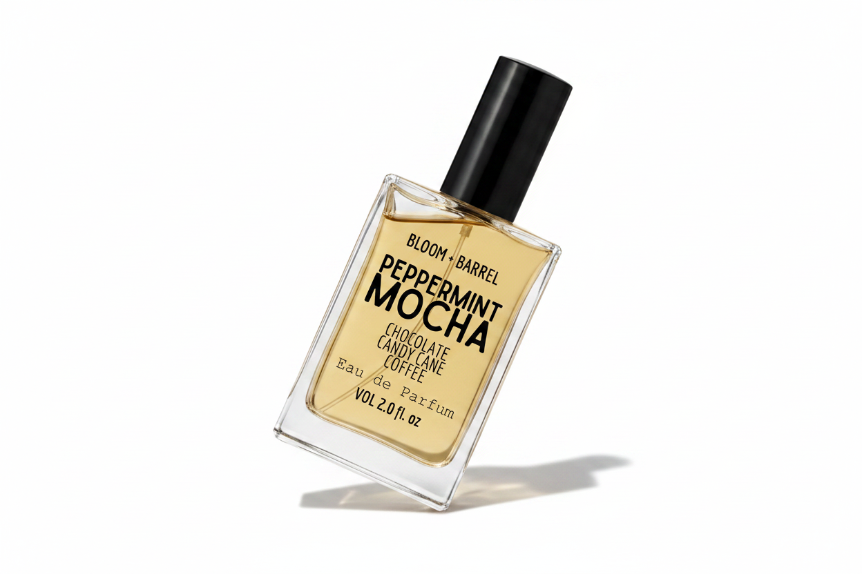 Perfume bottle labeled 'Peppermint Mocha' by Bloom & Barrel on a white background