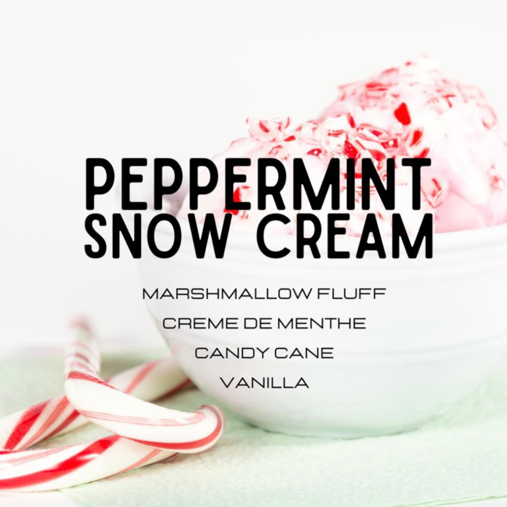 Peppermint snow cream with candy canes on a white background