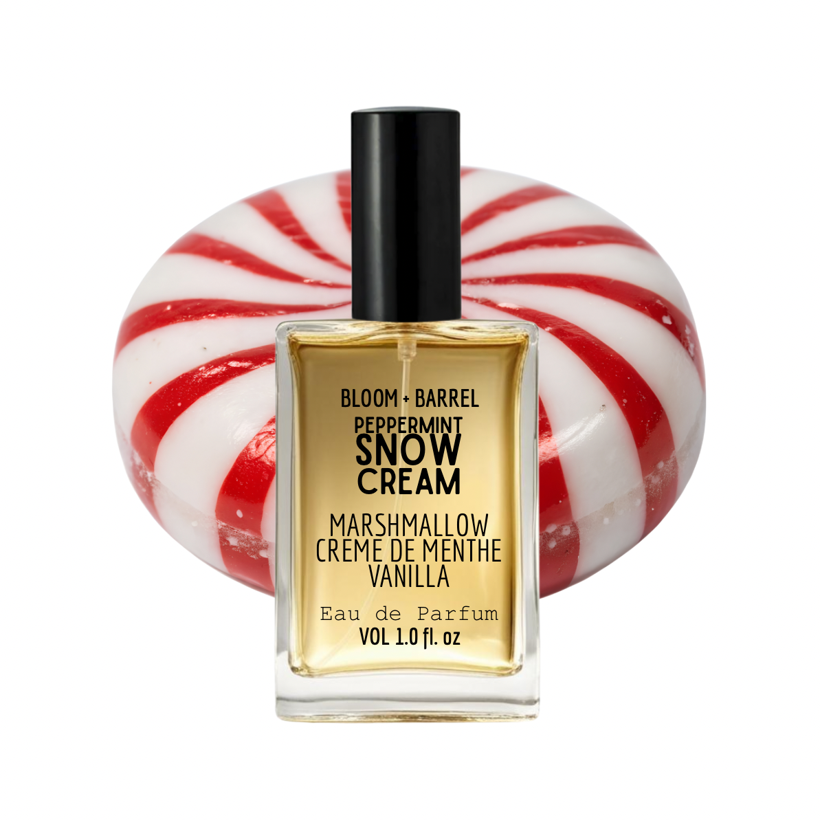 Perfume bottle labeled 'Snow Cream' with a peppermint candy background