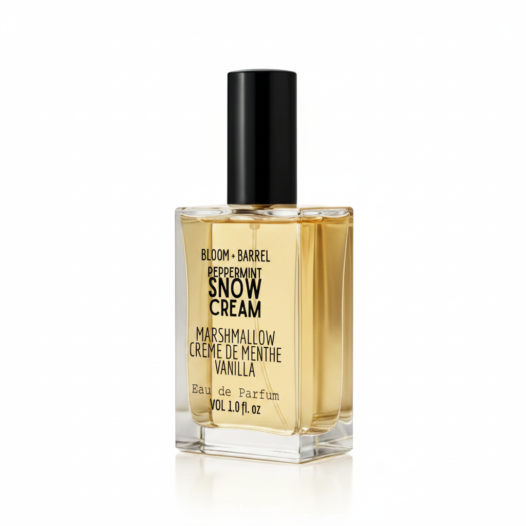 Perfume bottle labeled 'Bloom + Barrel Peppermint Snow Cream' on a white background