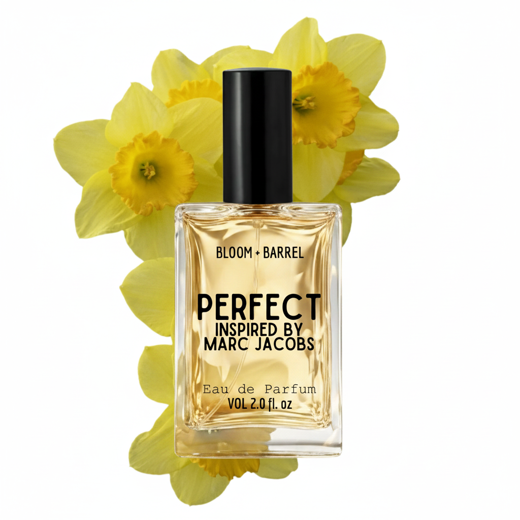 A rectangular glass perfume bottle labeled 'BLOOM + BARREL PERFECT INSPIRED BY MARC JACOBS' with a black cap, filled with pale golden liquid, set against yellow daffodil flowers on a black background.