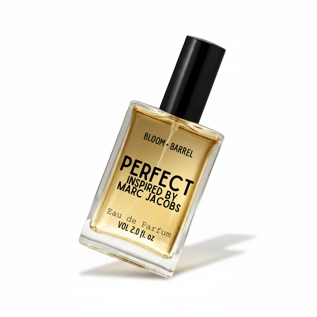 Perfume bottle labeled 'perfect' by Bloom & Barrel on a white background