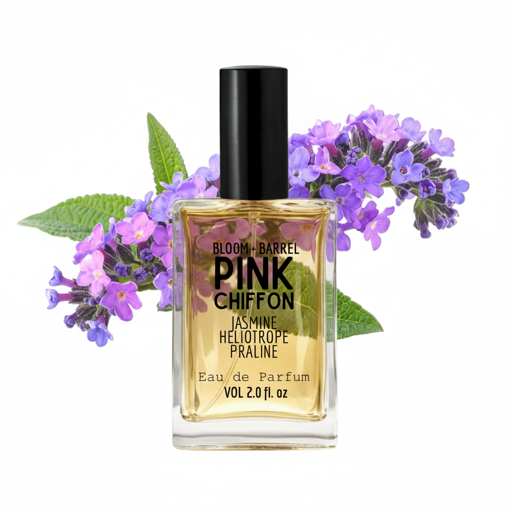Perfume bottle labeled 'Pink Chiffon' with purple flowers and green leaves on a white background
