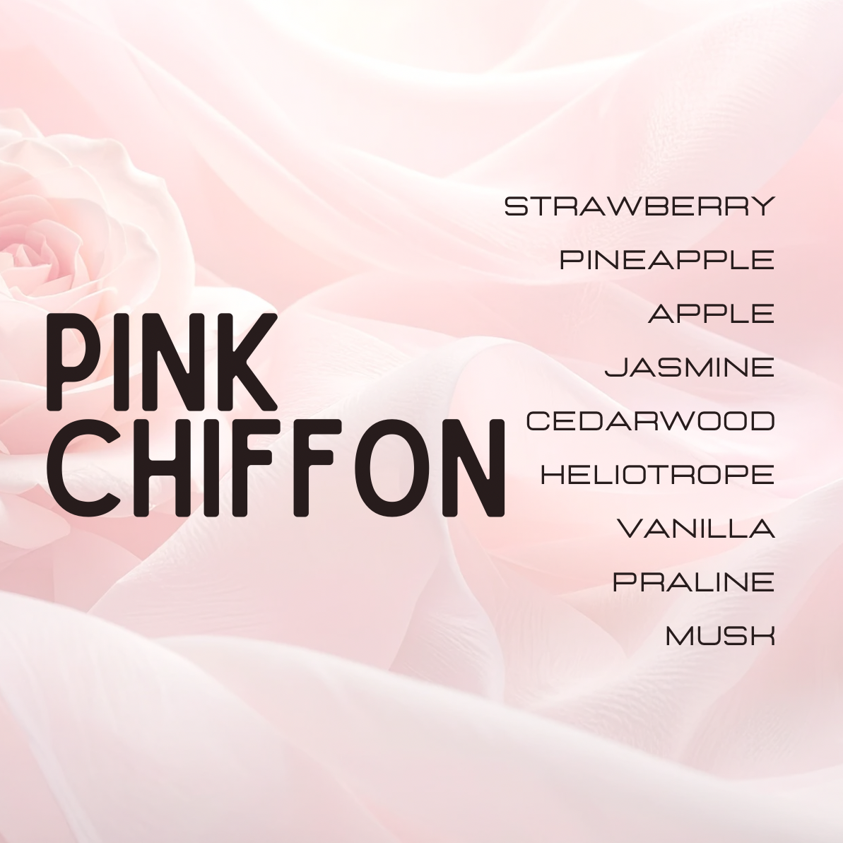 Pink chiffon fabric with fragrance notes on a soft pink background