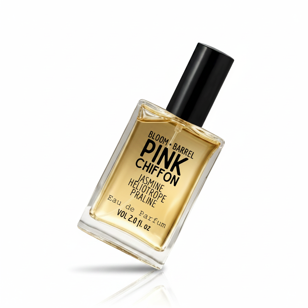 Perfume bottle labeled 'Pink Chiffon' by Bloom & Barrel on a white background