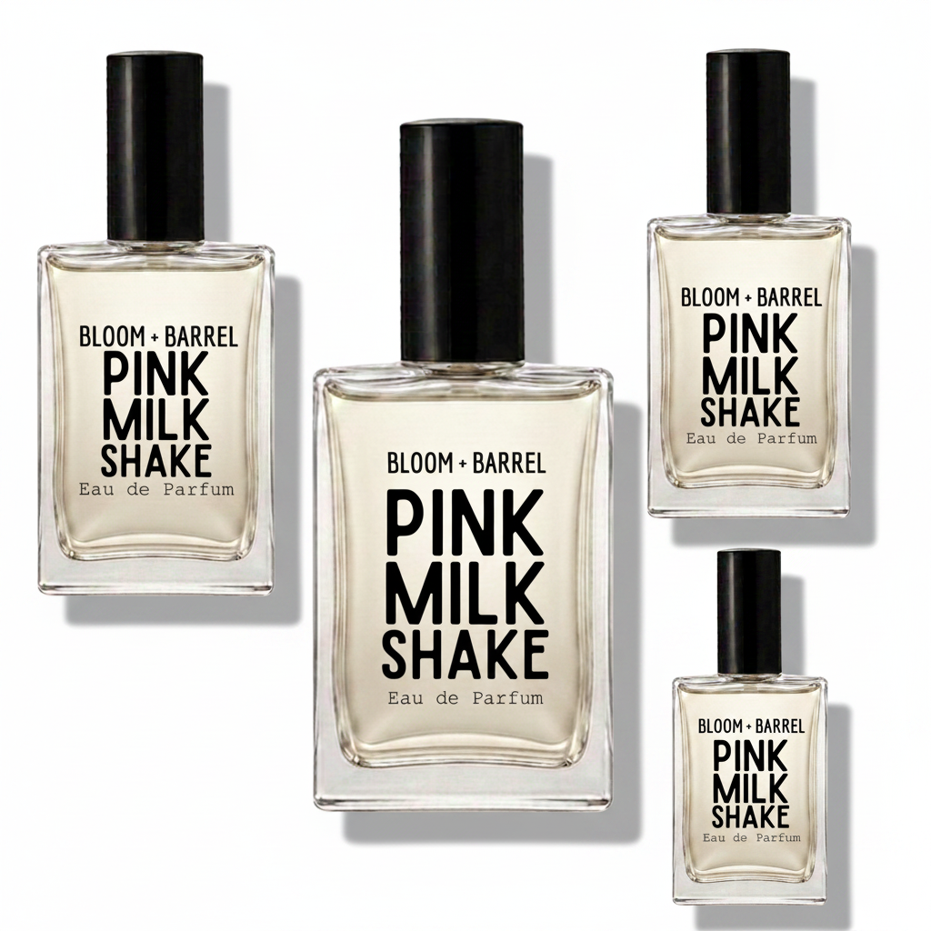 Four glass bottles of BLOOM + BARREL Pink Milk Shake Eau de Parfum with black caps, arranged on a plain white background.