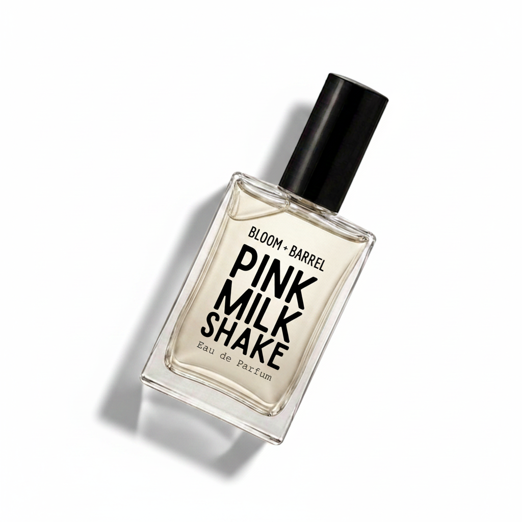Bloom Barrel Pink Milk Shake Eau de Parfum in a clear rectangular glass bottle with a black cap, on a solid white background.