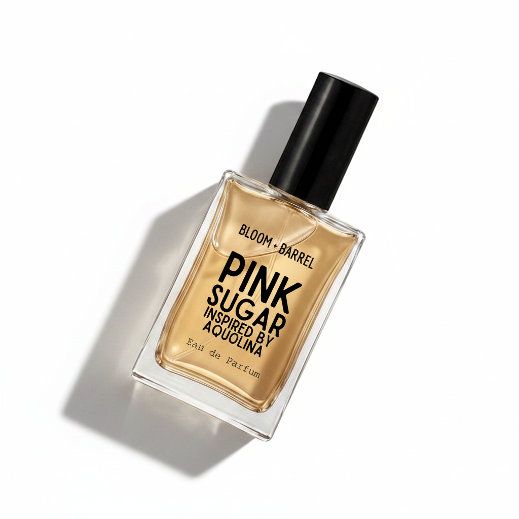 A rectangular glass perfume bottle with a black cap, filled with amber-colored liquid. The label reads 'BLOOM • BARREL PINK SUGAR INSPIRED BY AQUOLINA Eau de Parfum' in black text, set against a plain white background.