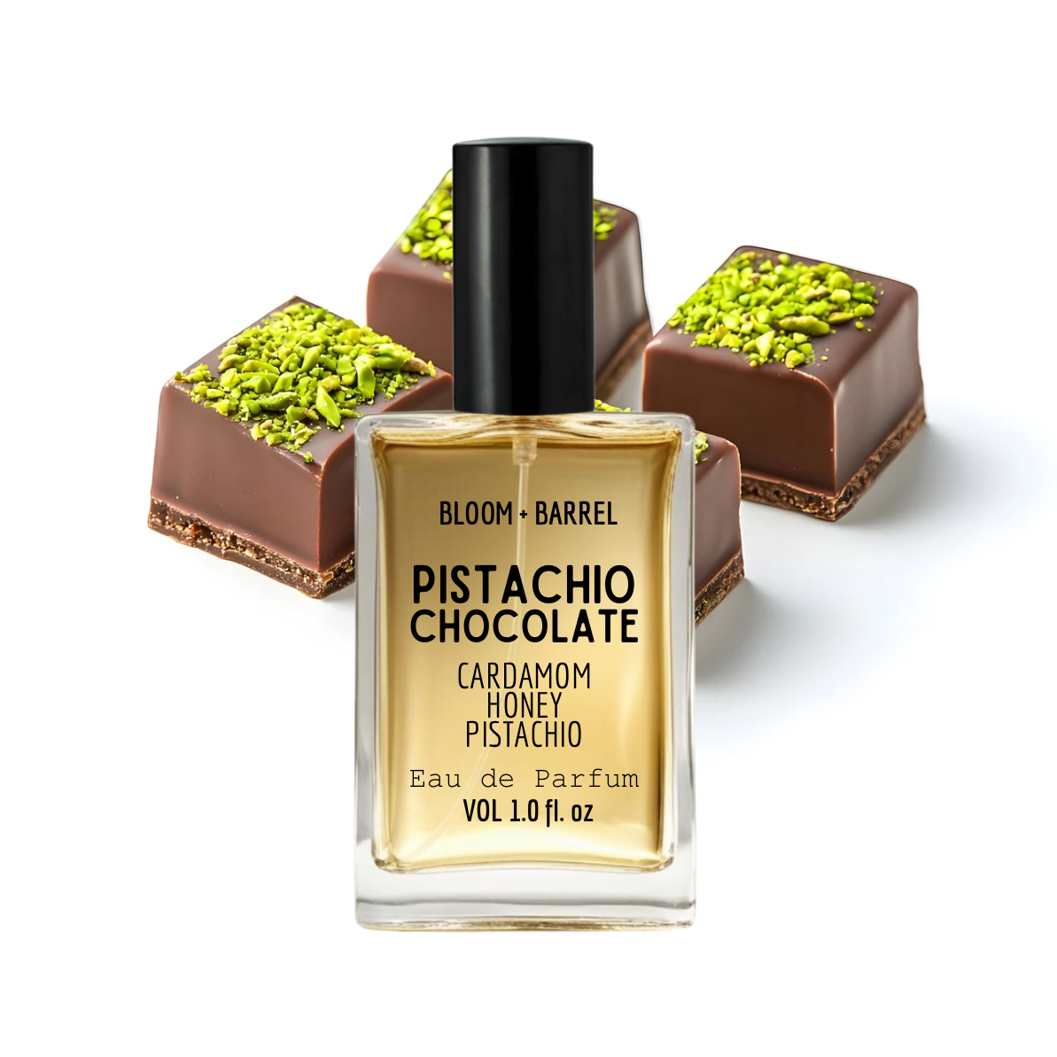 Bottle of 'Pistachio Chocolate' perfume with chocolate truffles on a white background