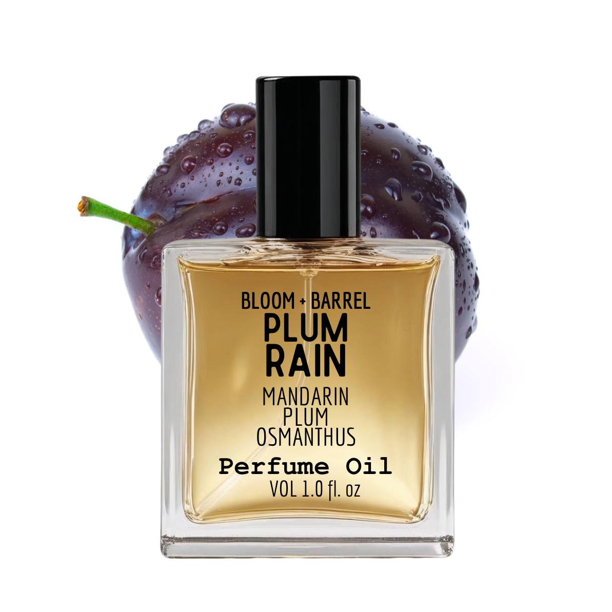 Perfume oil bottle labeled 'Plum Rain' with a plum fruit in the background