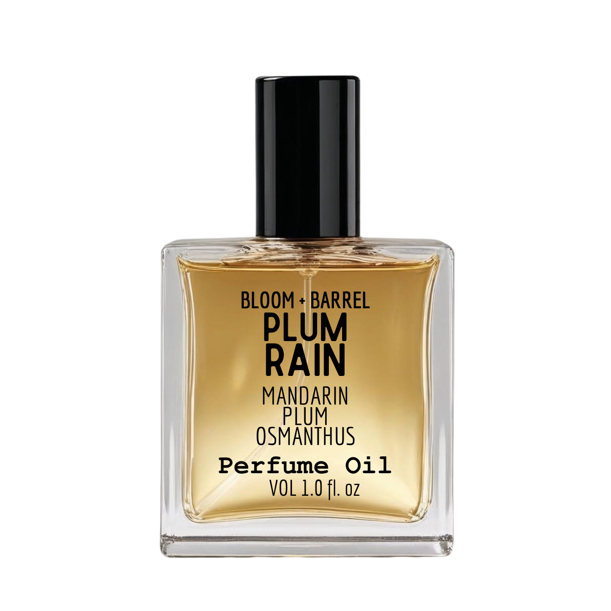 Perfume oil bottle labeled 'Plum Rain' by Bloom & Barrel on a white background