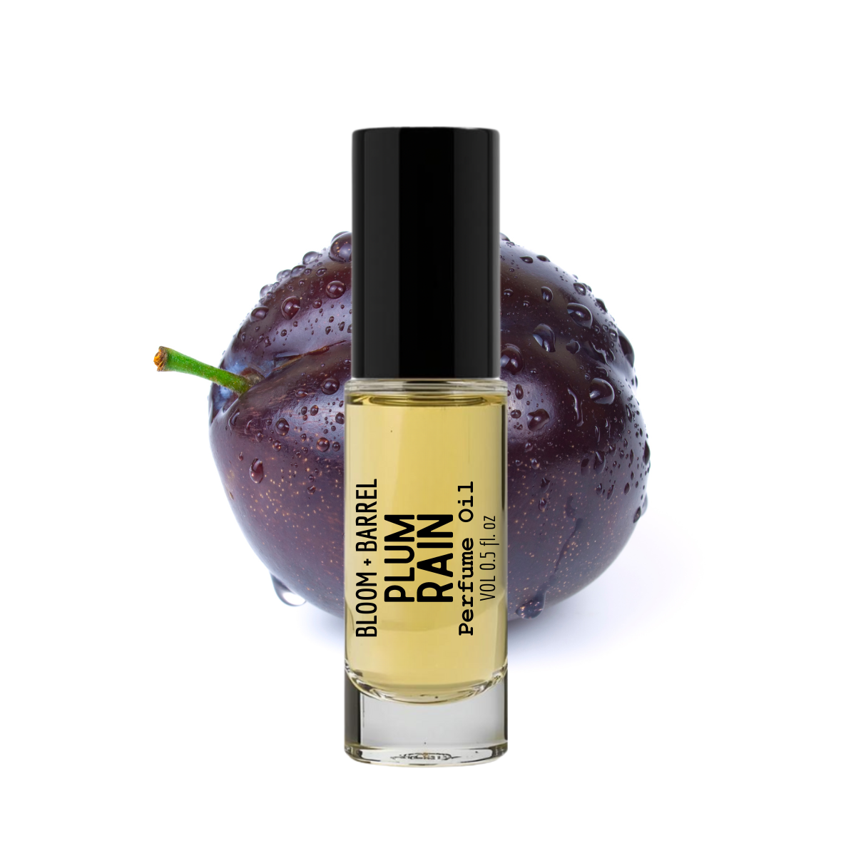 Perfume bottle labeled 'Plum Rain' by Bloom & Barrel with a plum fruit on a white background
