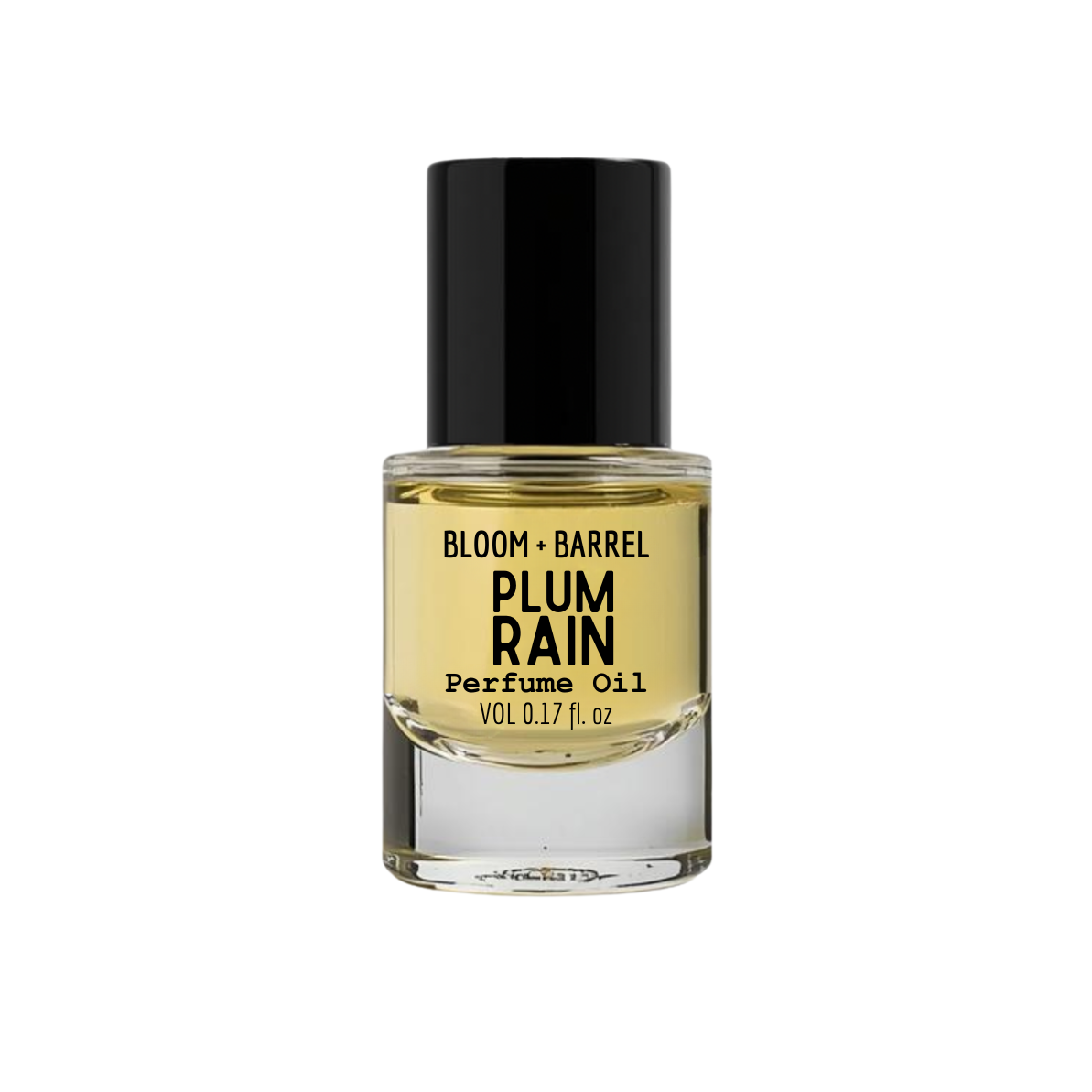Perfume oil bottle labeled 'Plum Rain' by Bloom & Barrel on a white background