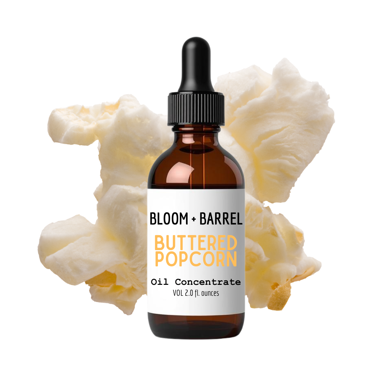 Bottle of Bloom + Barrel Buttered Popcorn oil concentrate with popcorn kernels on a white background