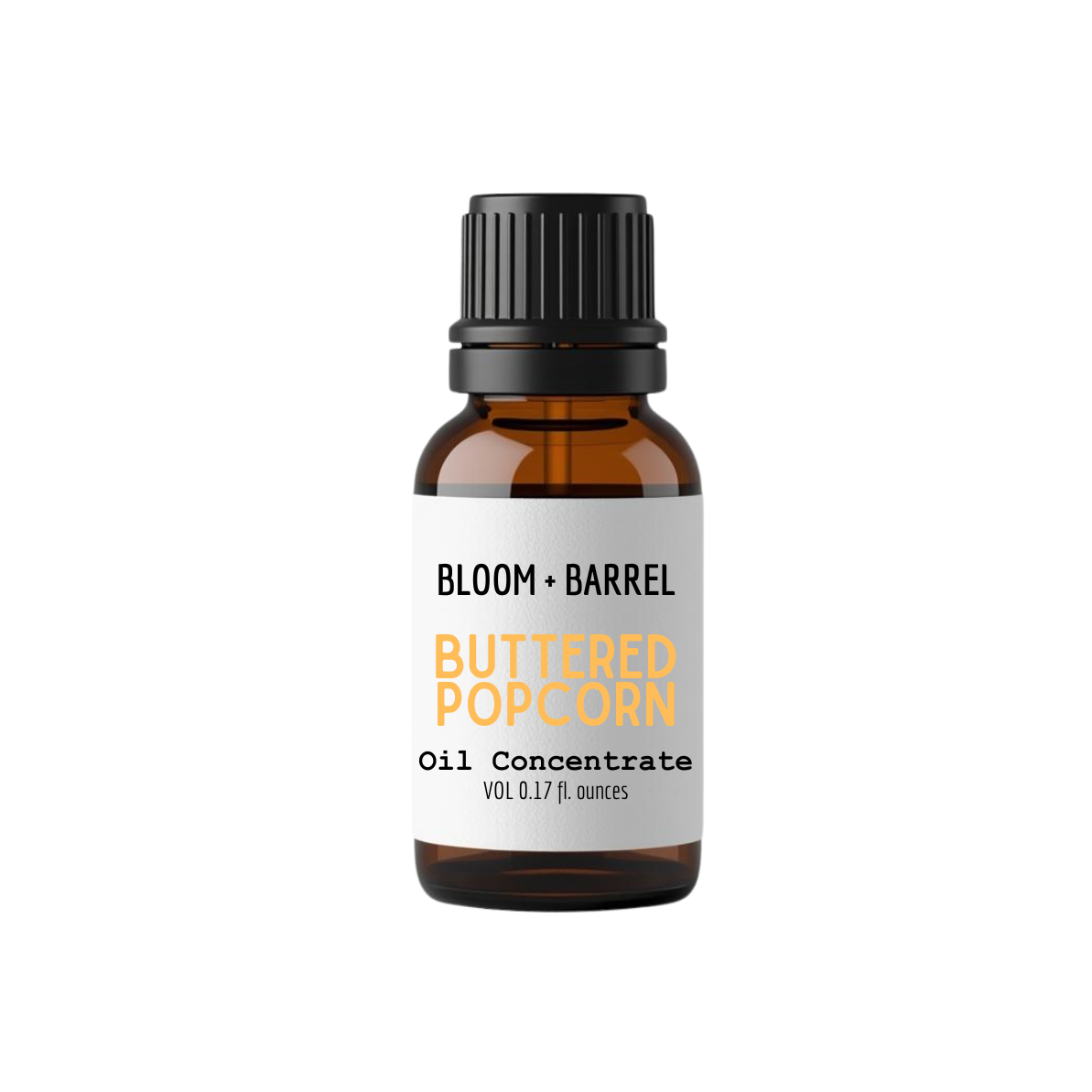 Bottle of Bloom & Barrel Buttered Popcorn oil concentrate on a white background