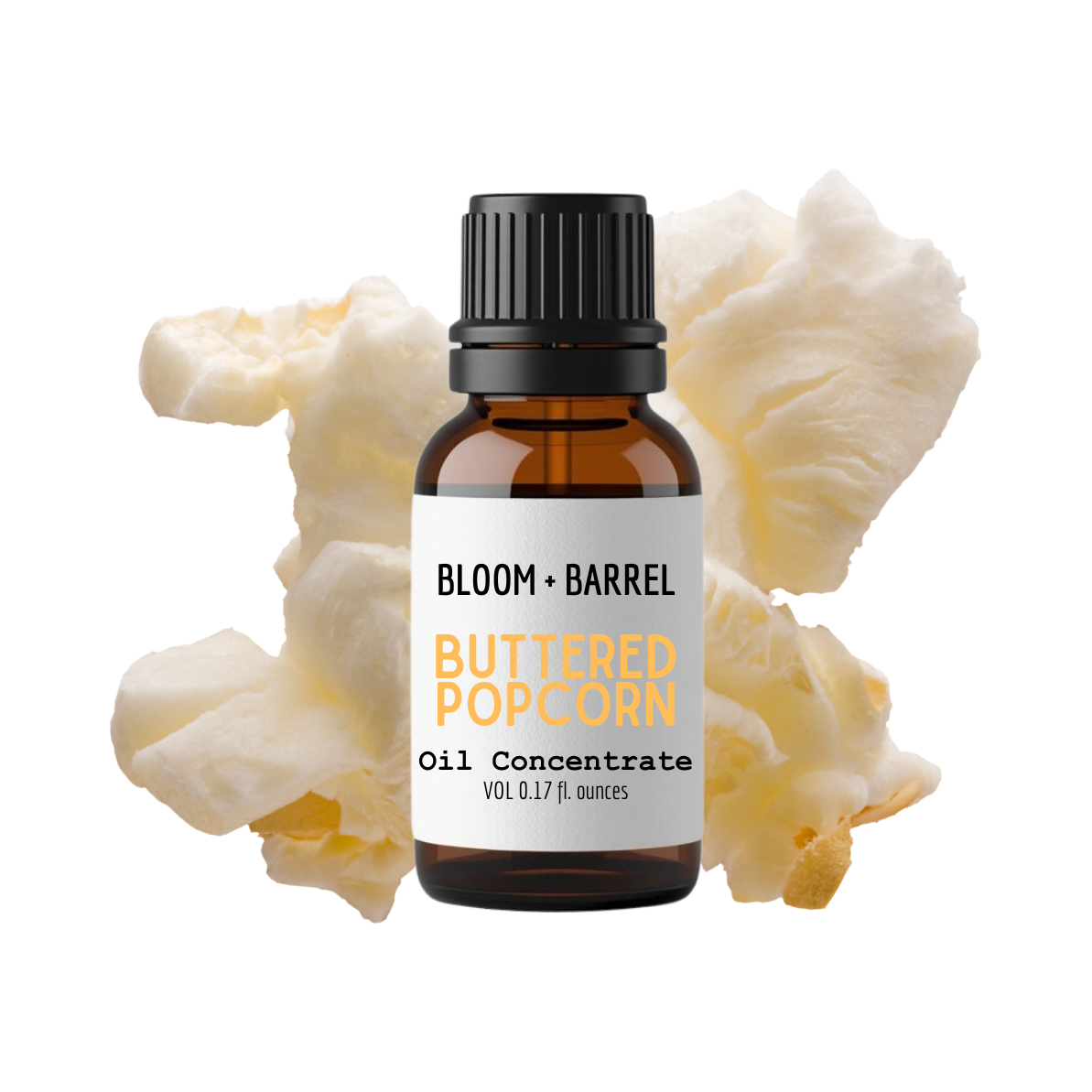 Bottle of Bloom & Barrel Buttered Popcorn oil concentrate with popcorn kernels on a white background