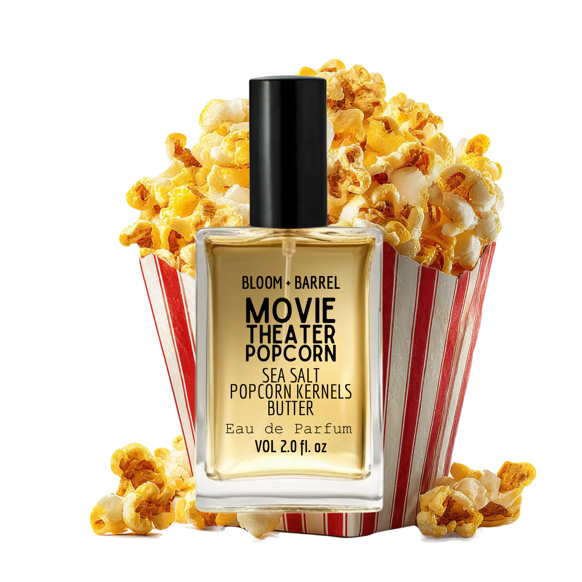 Bloom + Barrel Movie Theater Popcorn Eau de Parfum bottle in front of a red-and-white striped popcorn bucket filled with popcorn, on a white background.