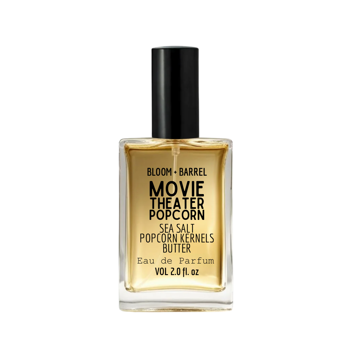 Perfume bottle labeled 'popcorn' by Bloom & Barrel on a white background