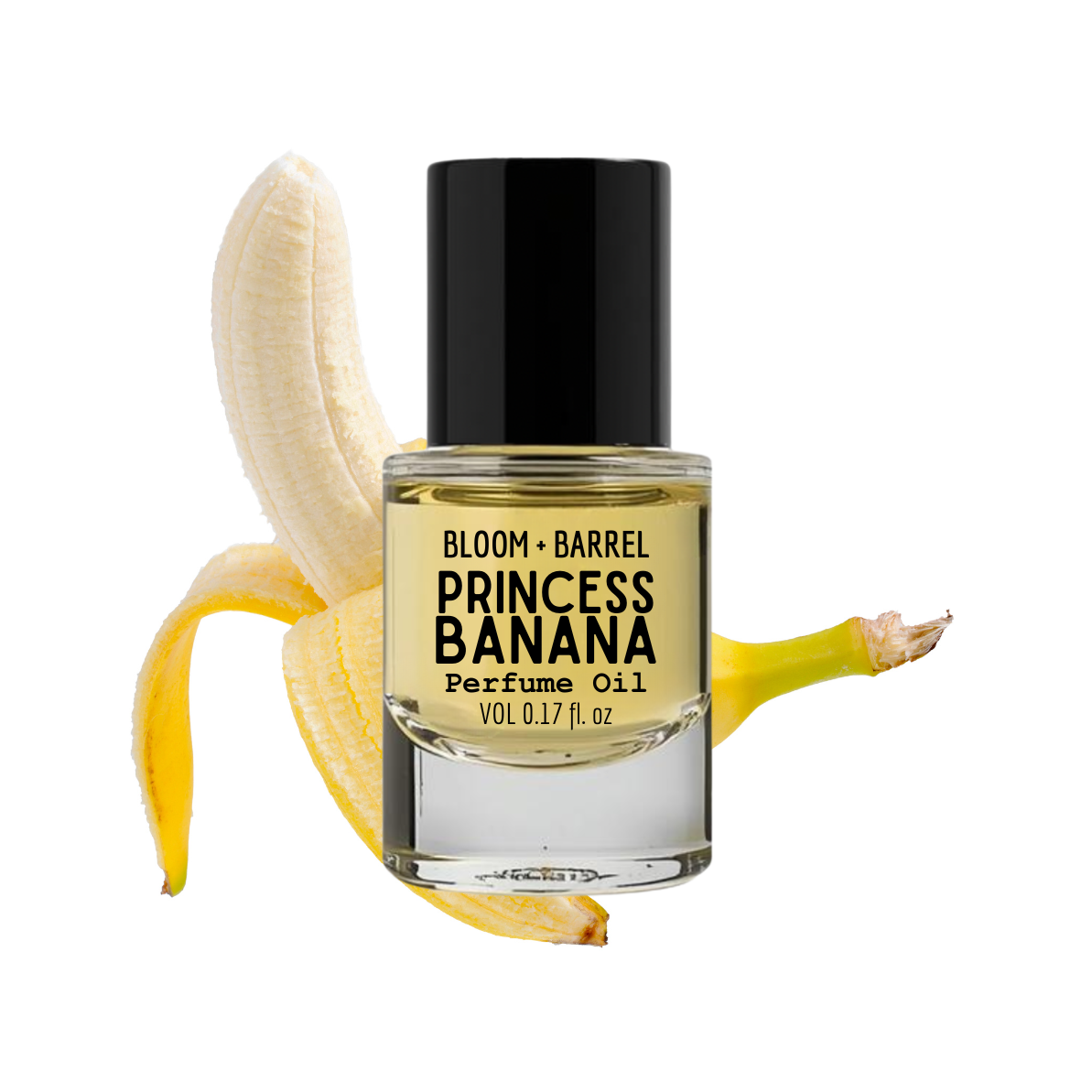 Perfume oil bottle labeled 'Princess Banana' with a banana on a white background