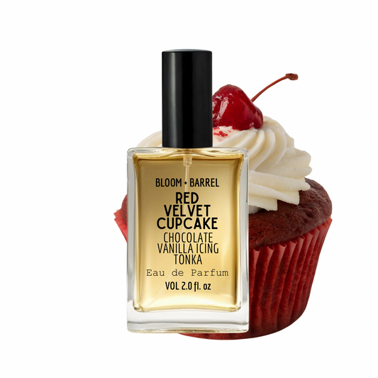 Perfume bottle labeled 'Red Velvet Cupcake' with a cupcake decoration on a white background