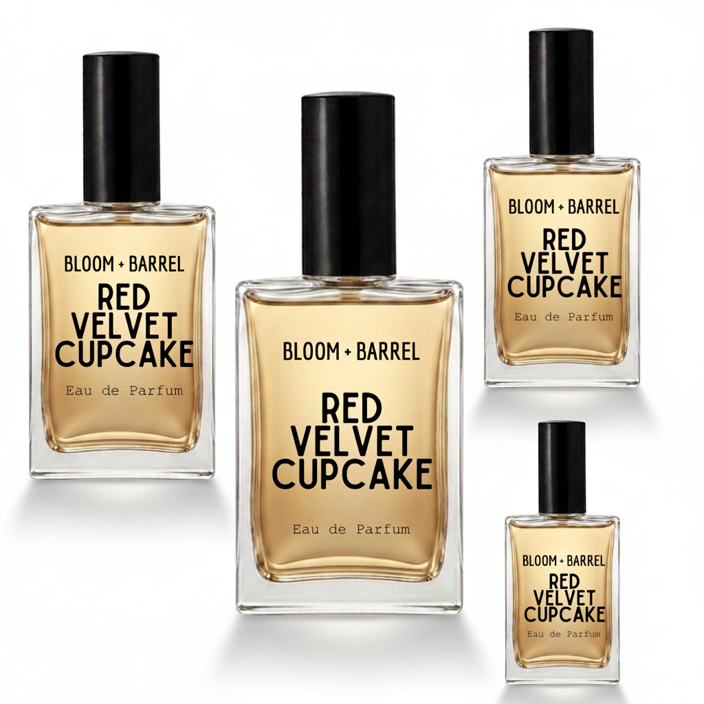 Four bottles of BLOOM + BARREL Red Velvet Cupcake Eau de Parfum in varying sizes, arranged on a plain white background.