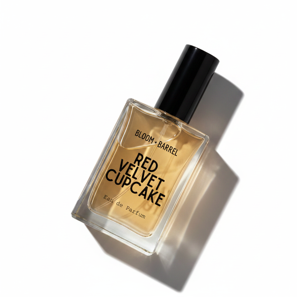 A rectangular glass perfume bottle with a black cap, filled with amber-colored liquid. The front label reads 'BLOOM • BARREL' and 'RED VELVET CUPCAKE Eau de Parfum' in black text, set against a plain white background.